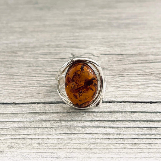 front of cognac amber and silver ring