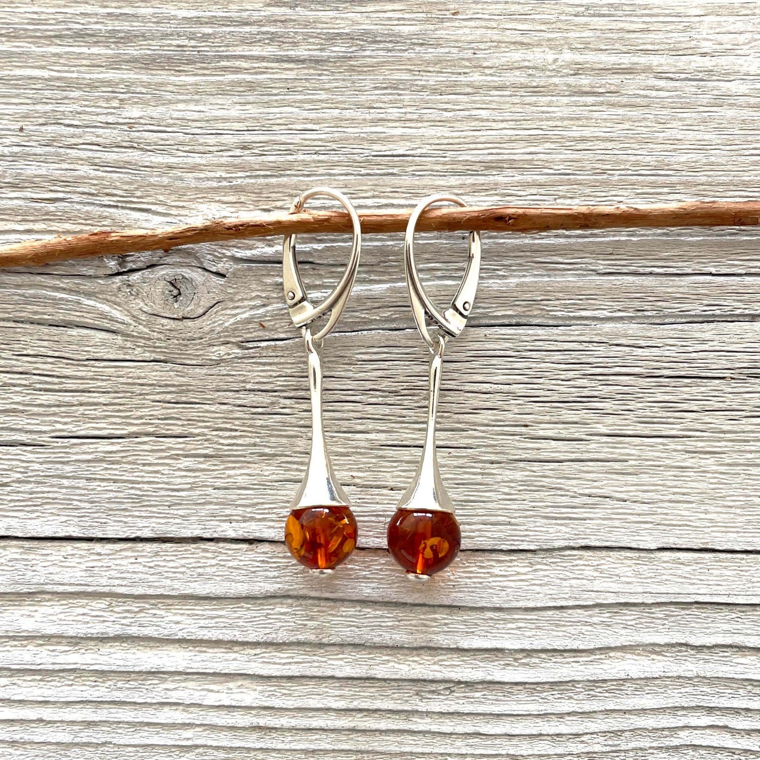 leverback dangle ball amber earrings