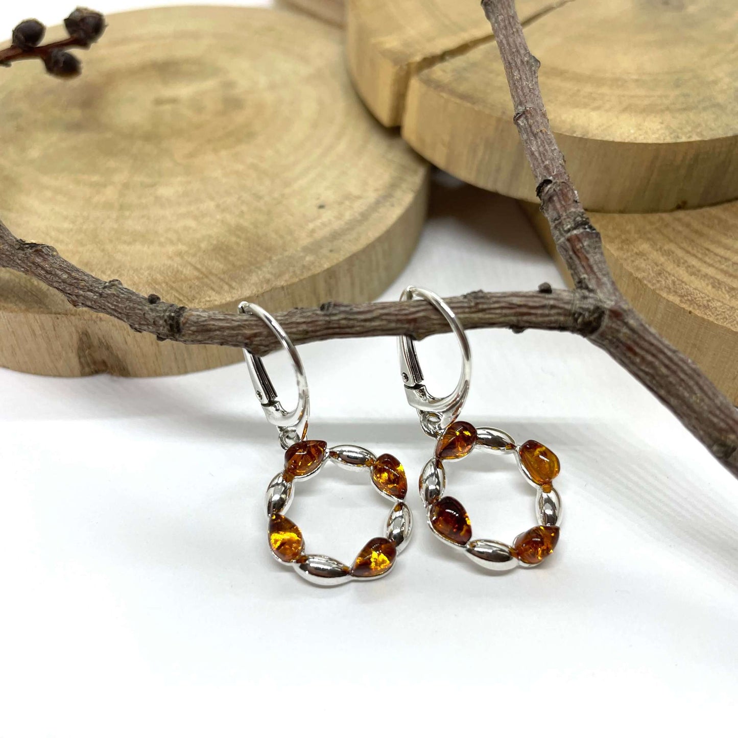 sterling silver lever back earrings with cognac amber