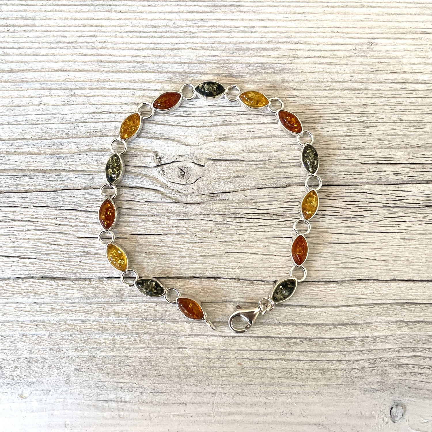 mixed coloured amber bracelet with lobster claw