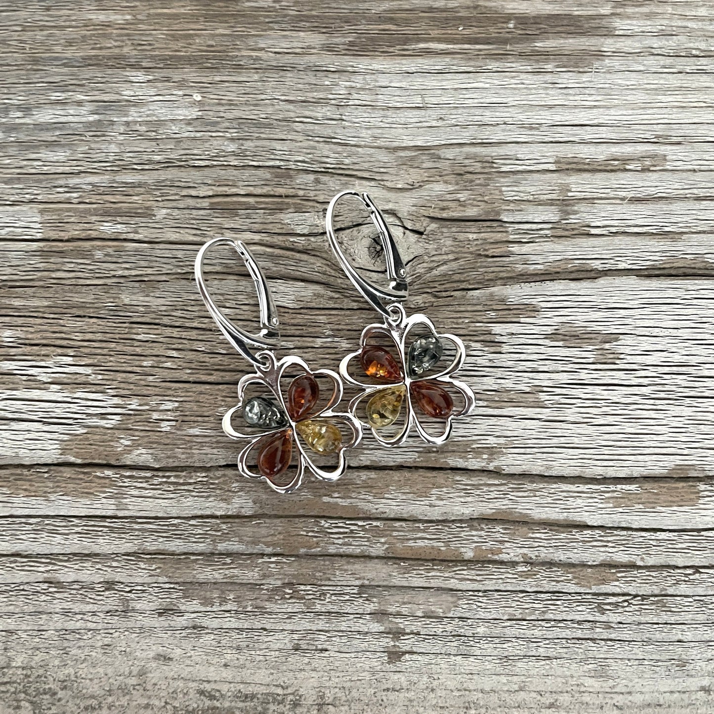 Amber stones set in sterling silver shaped flowers