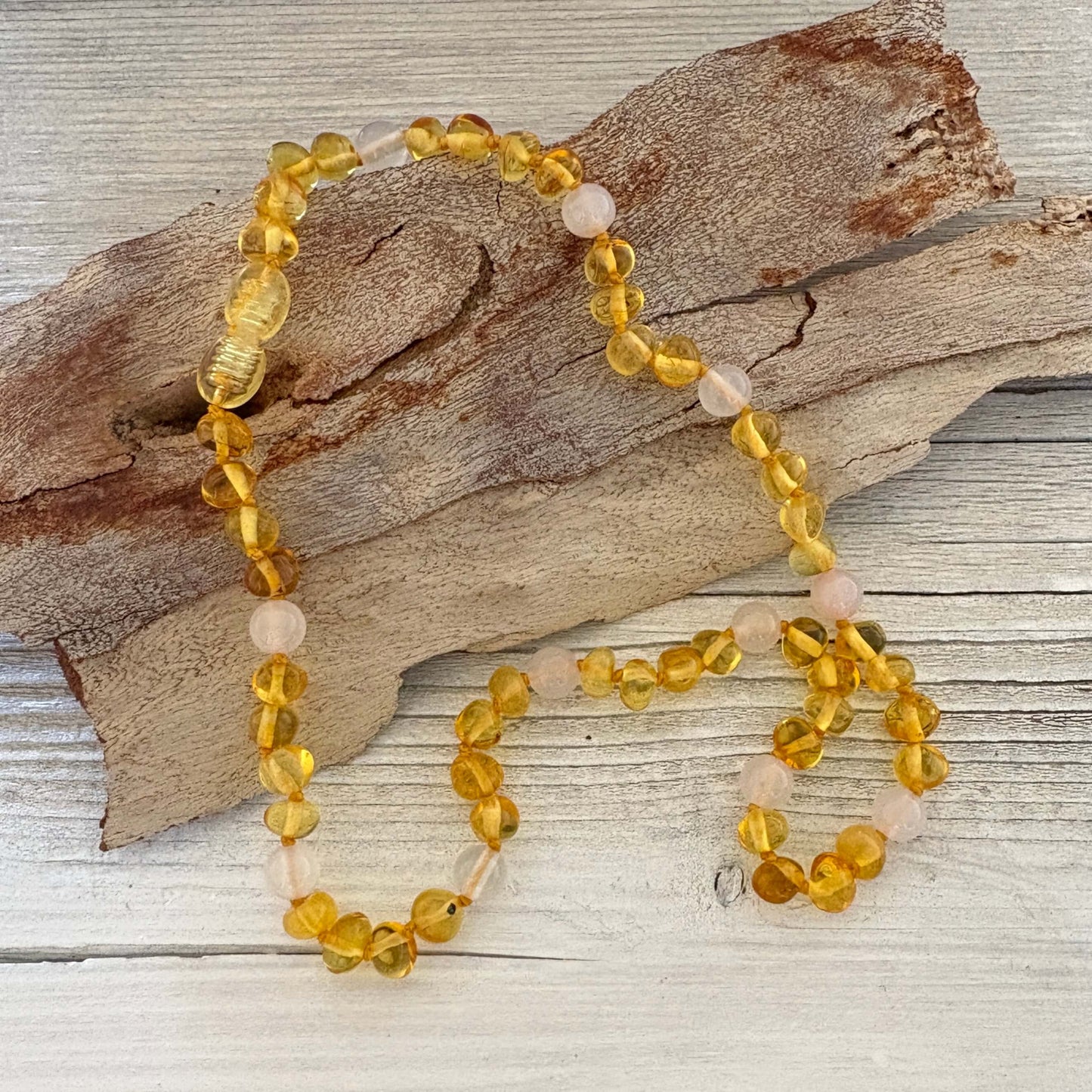 Handmade beaded rose quartz and lemon amber toddler necklace