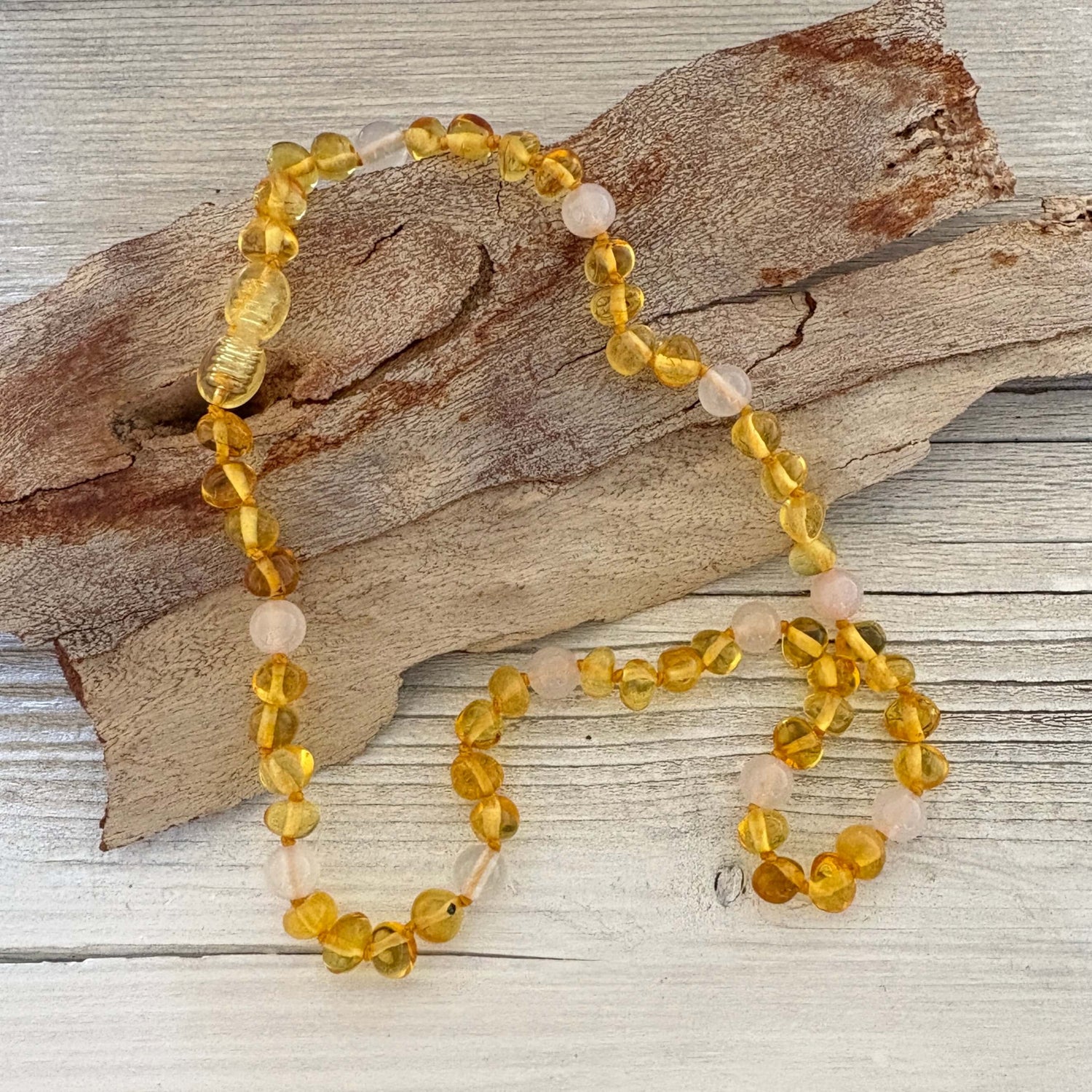 Handmade beaded rose quartz and lemon amber toddler necklace