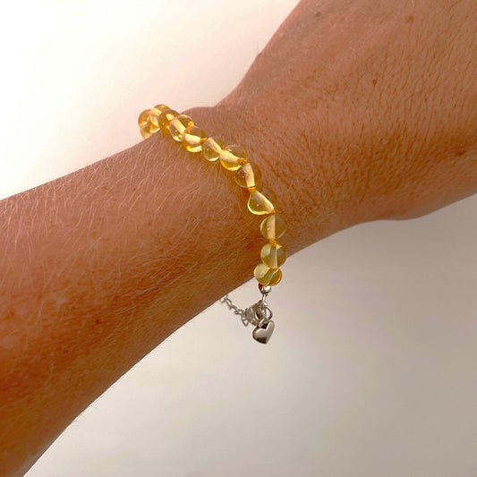honey amber round beaded bracelet with love heart