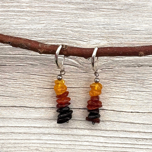 Amber beads and metal all in dangle earrings