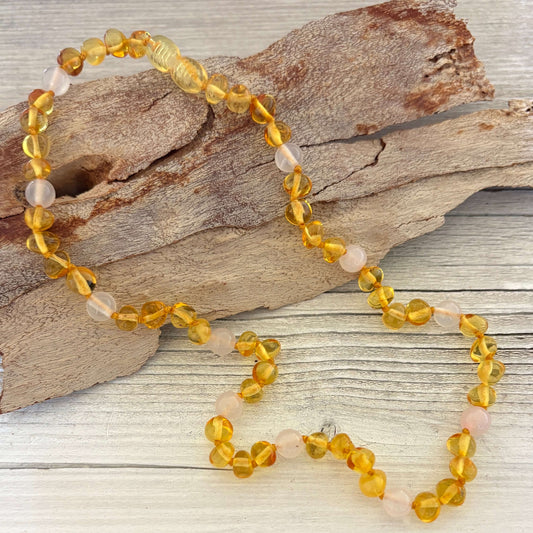 Beaded toddler amber necklace with rose quartz