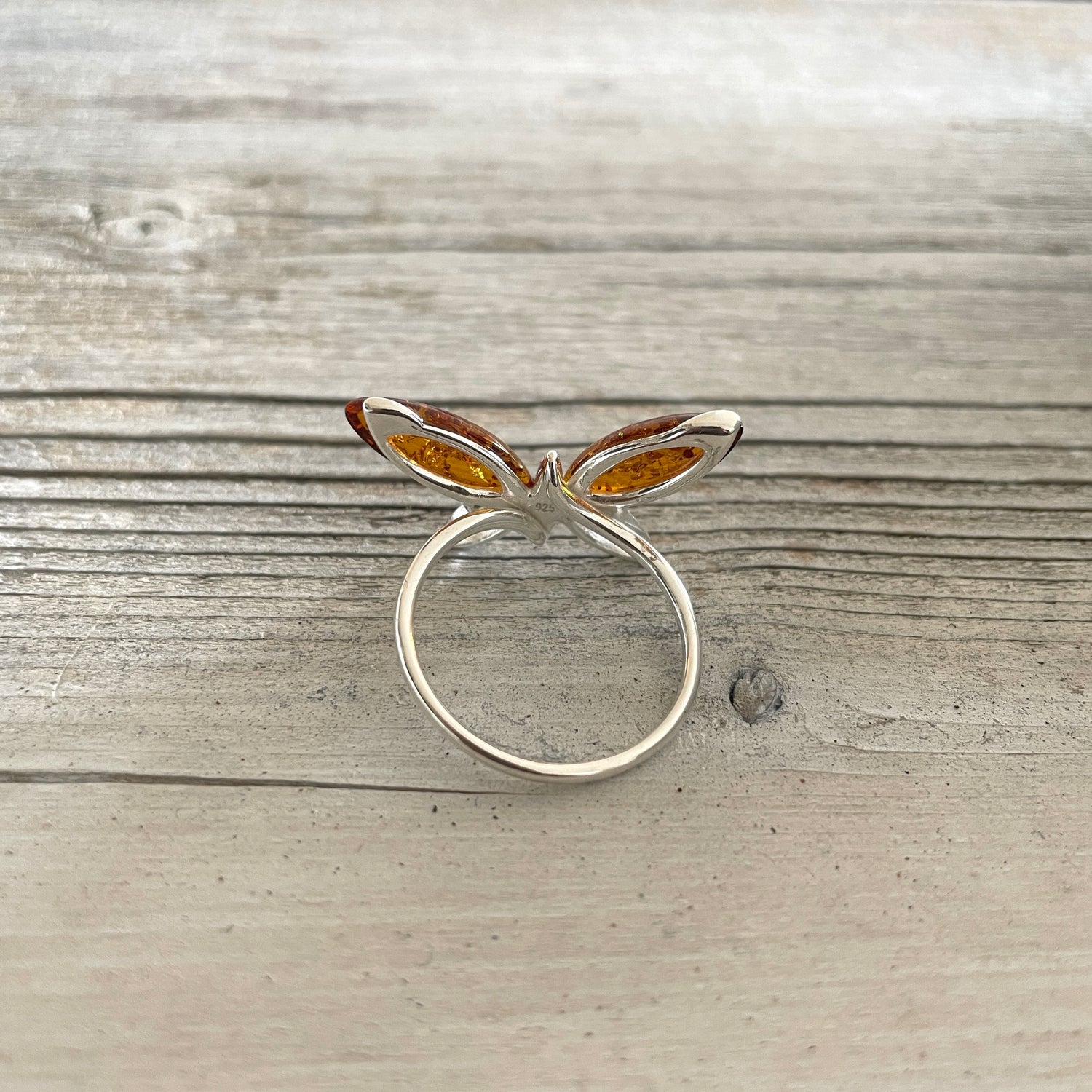 sterling silver butterfly shaped amber ring