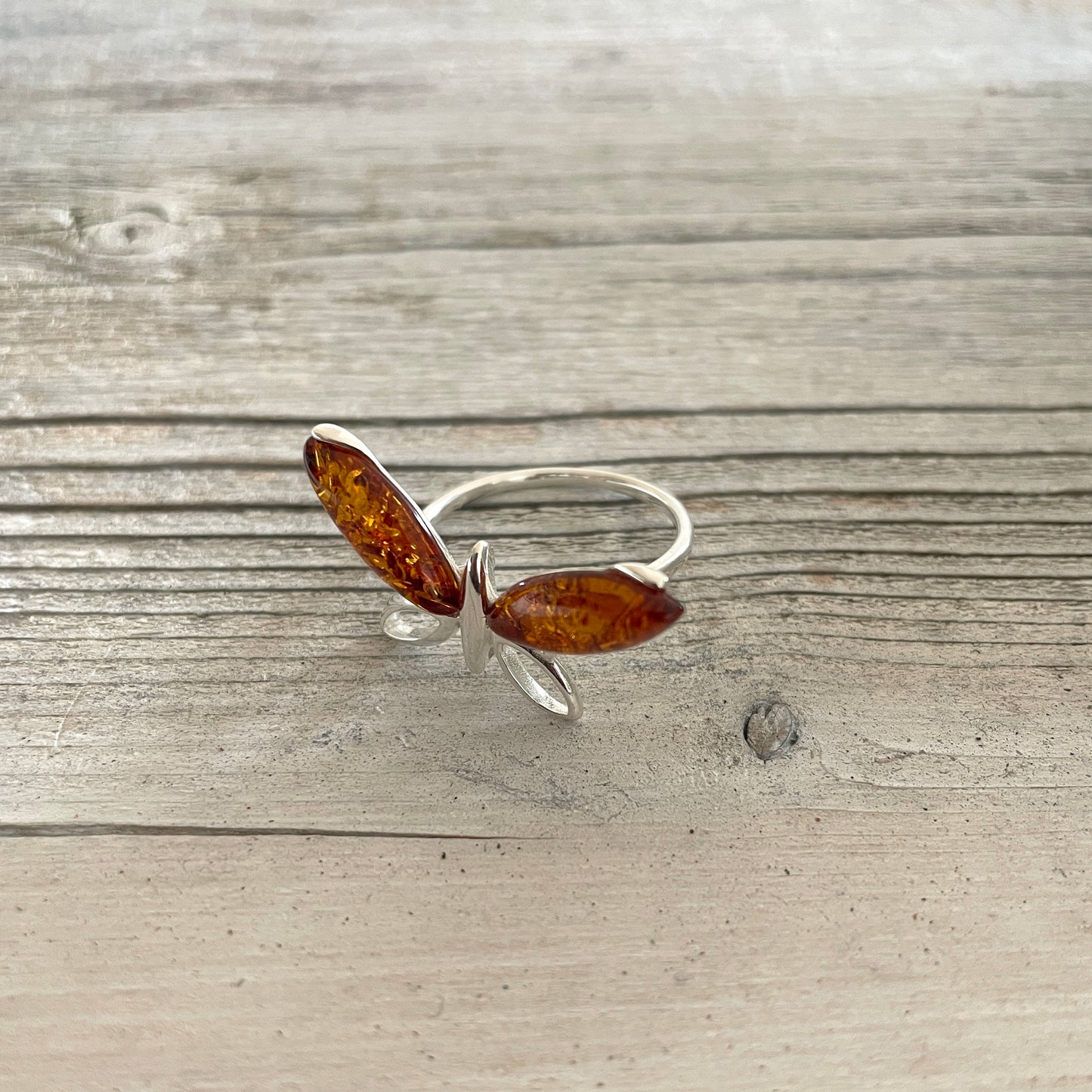 butterfly shaped amber and sterling silver ring