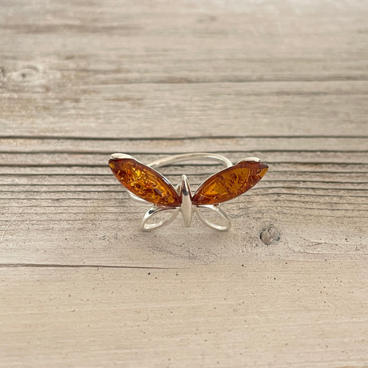 cognac amber butterfly shaped sterling silver ring