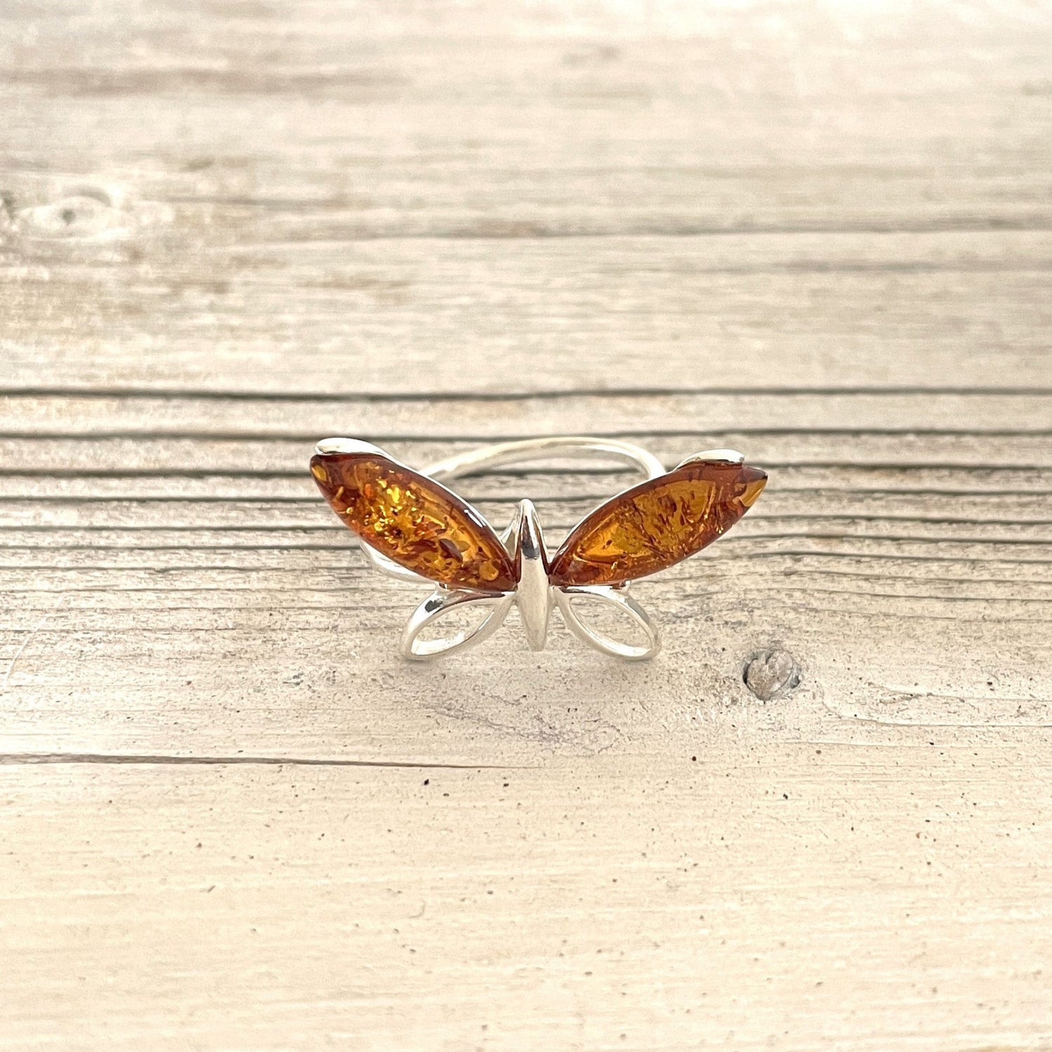 cognac amber butterfly shaped sterling silver ring