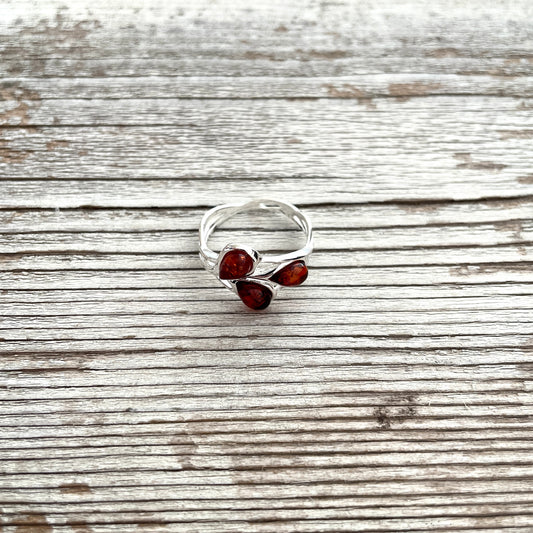 three stone cognac amber ring set in sterling silver
