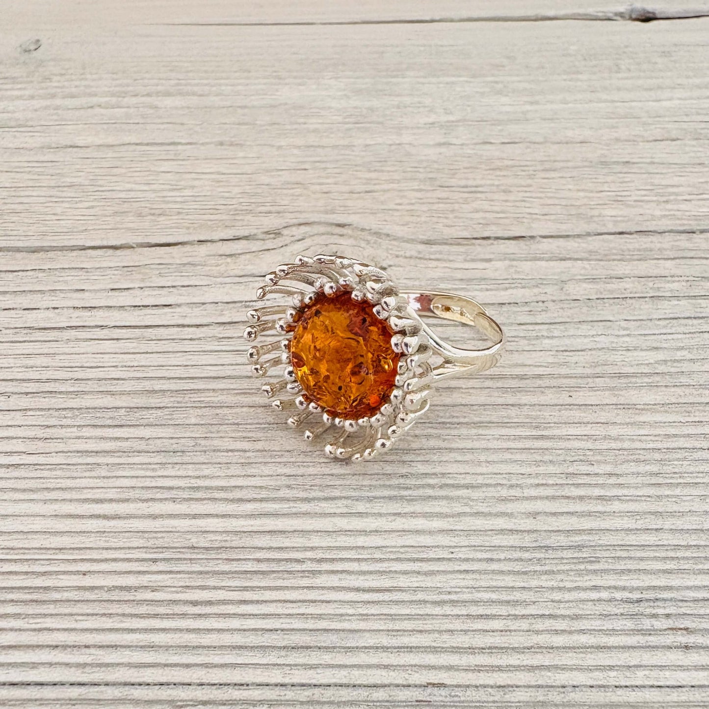 right size sterling silver amber ring with round amber stone