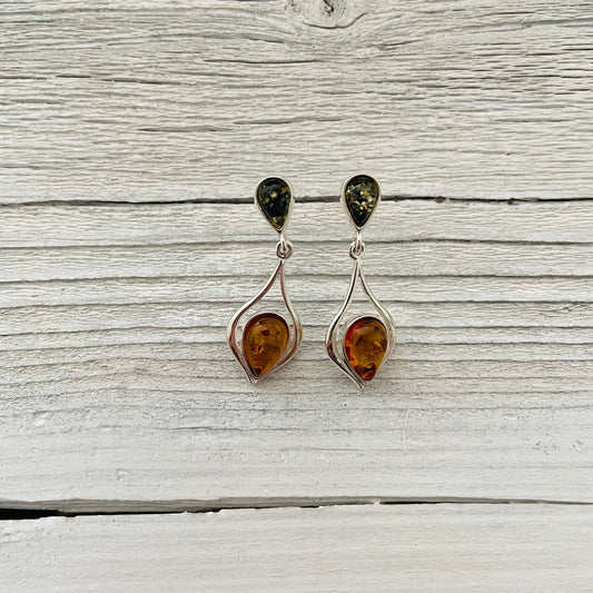dangle green and cognac amber earrings