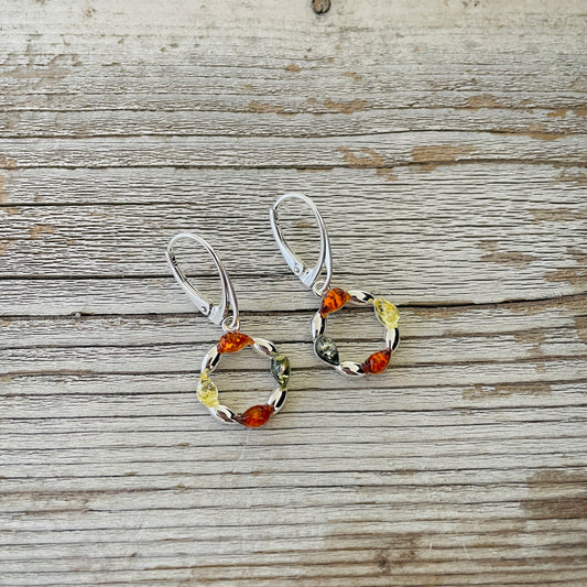 round shaped silver earrings with mixed coloured amber stones with lever back