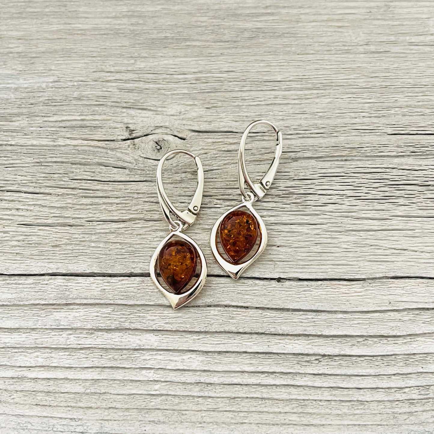 lever back amber earring set in sterling silver