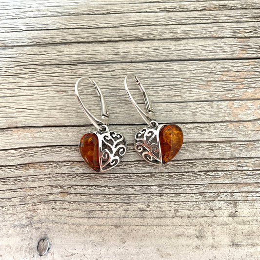 lever back heart shaped amber earrings