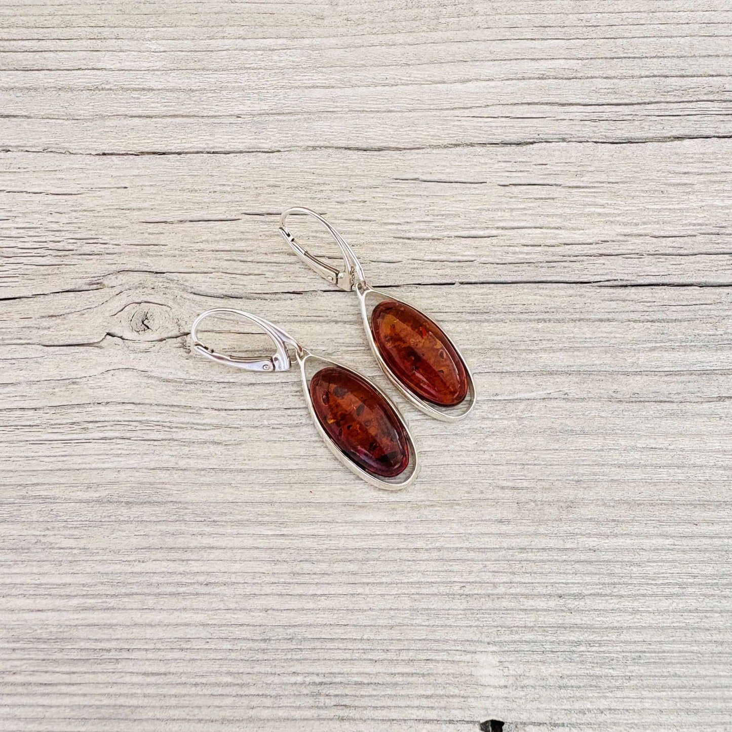 sterling silver and cognac amber leverback earrings