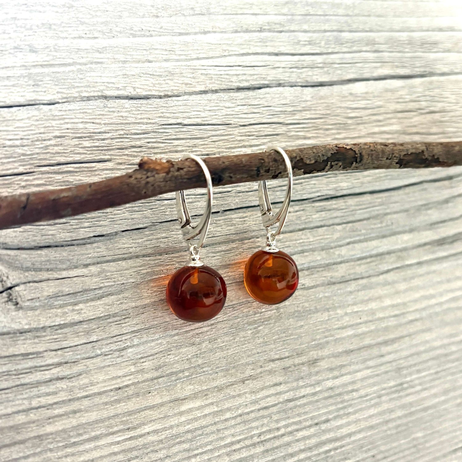 Amber drop earrings on a wooden branch