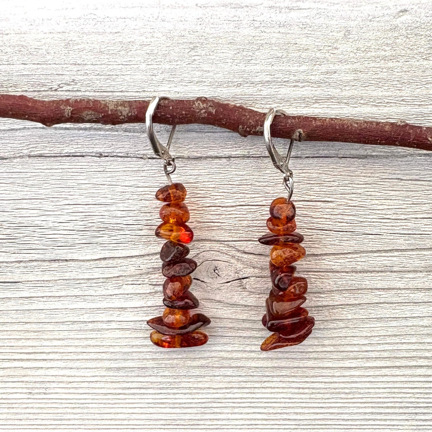 Pair of cognac beaded long amber earrings