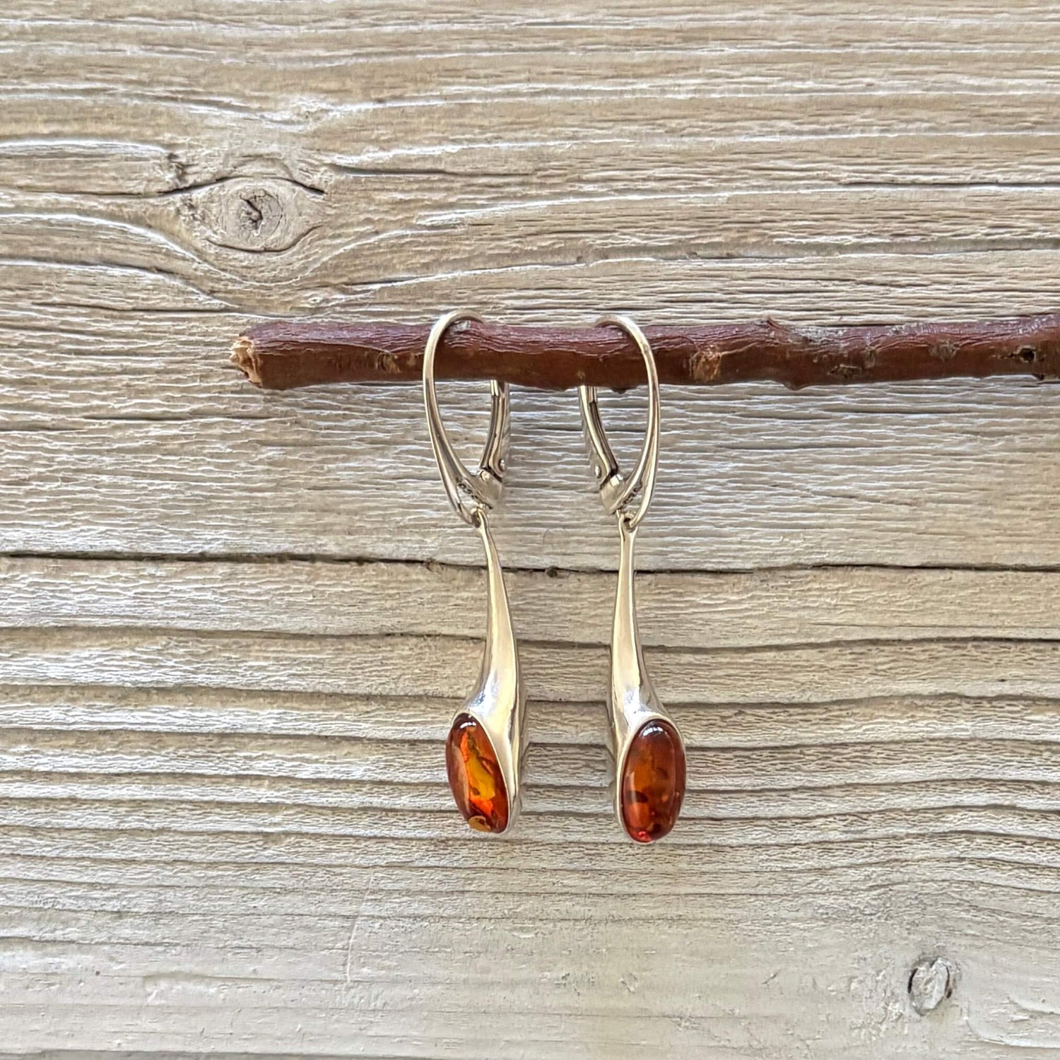 Oval shaped amber earrings set in sterling silver.