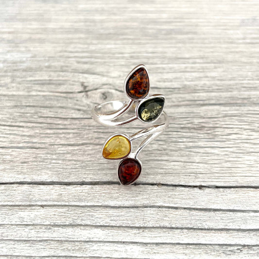 adjustable modern style mixed coloured amber ring front