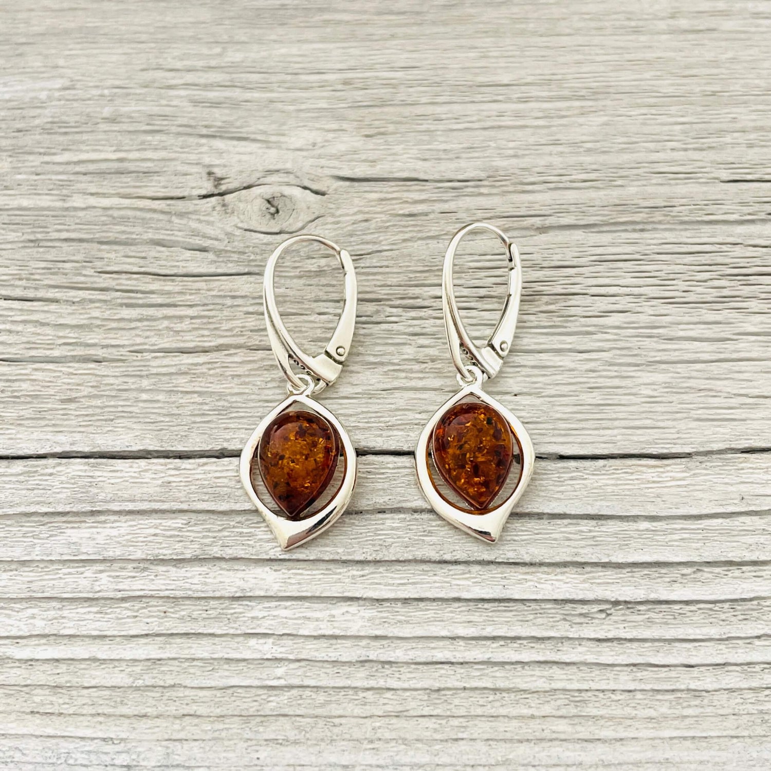 sterling silver lever back amber earrings