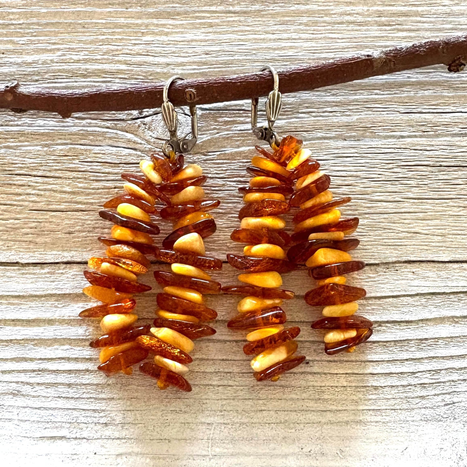 Beaded long amber dangle earrings