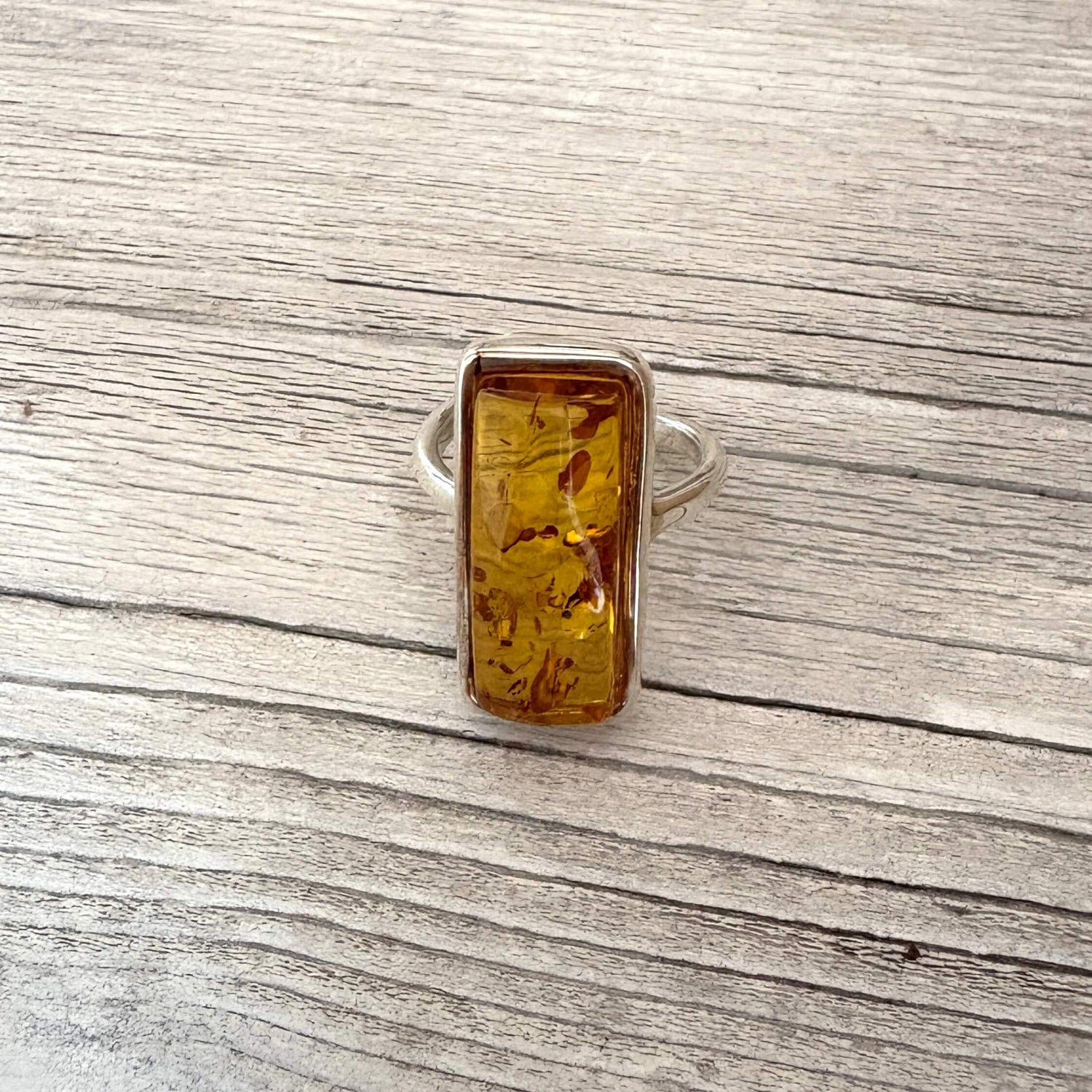 sterling silver and rectangular amber adjustable ring