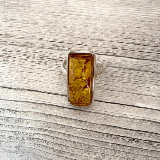 sterling silver and rectangular amber adjustable ring