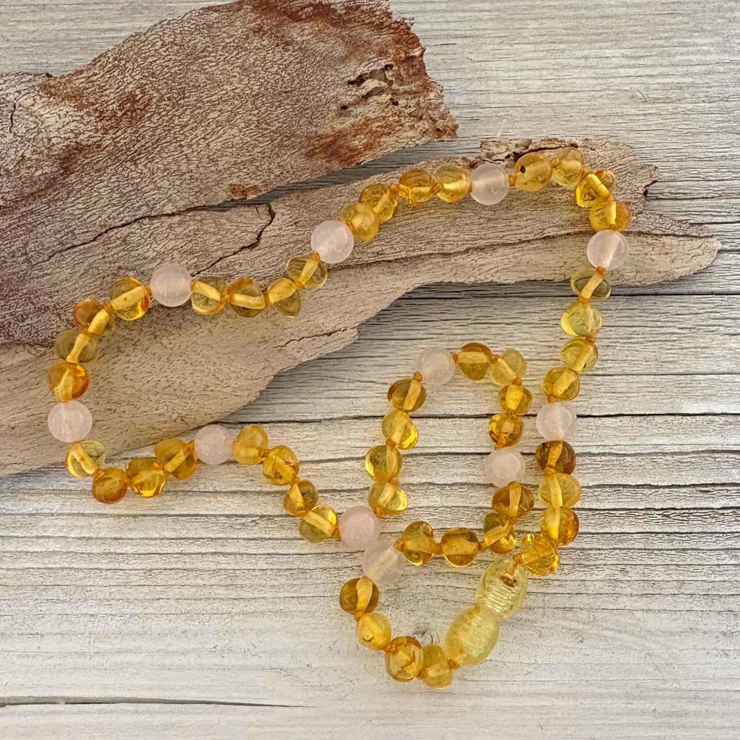 Beaded amber necklace with lemon amber and rose quartz