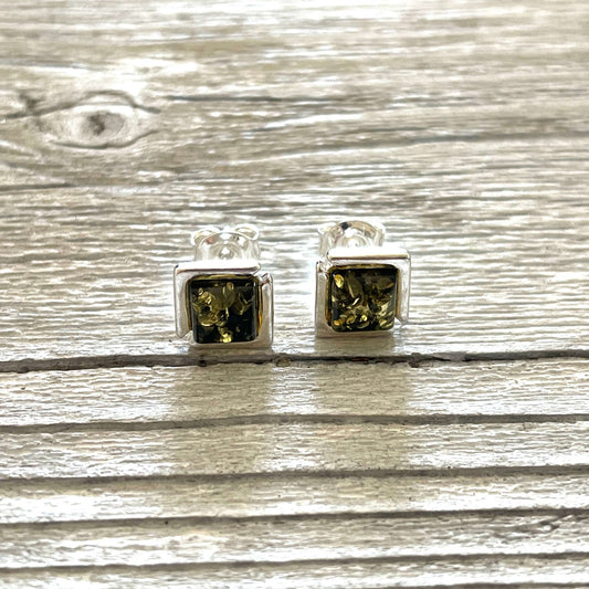 square shaped green amber stud earrings front