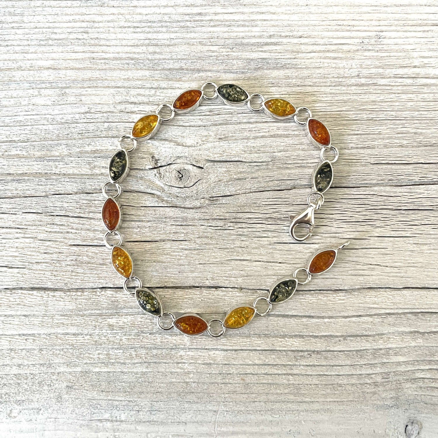 sterling silver mixed coloured amber bracelet with lobster claw