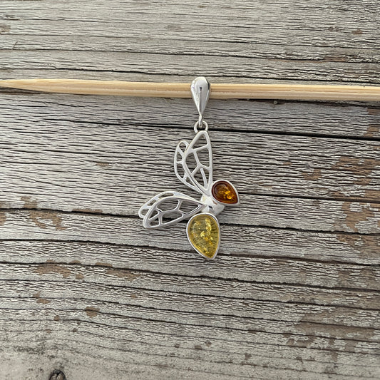 yellow and cognac amber set in sterling silver shaped butterfly