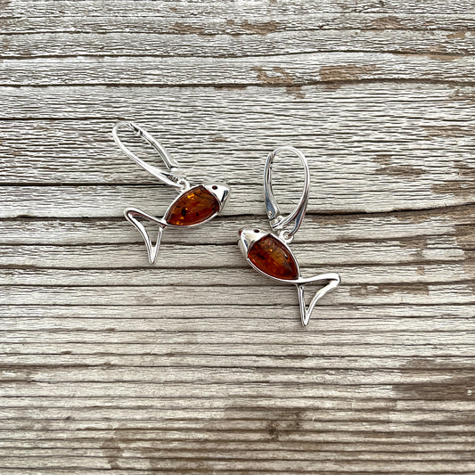 fish shaped sterling silver and amber earrings with lever back