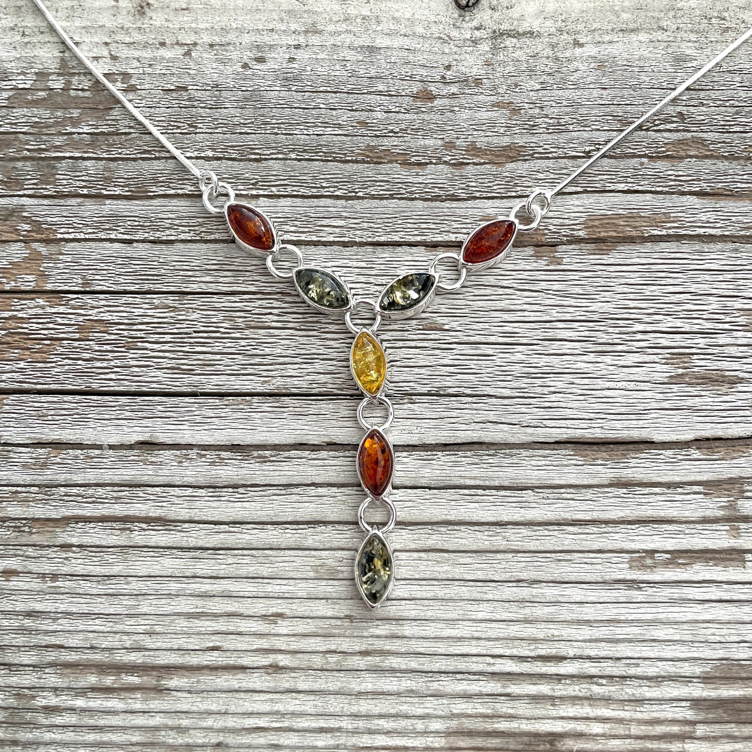 sterling silver mixed coloured amber necklace