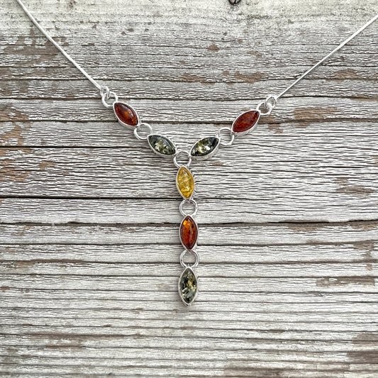 sterling silver mixed coloured amber necklace