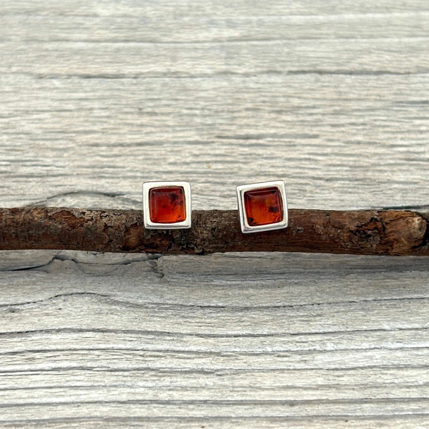 square Baltic amber stud earrings sterling silver cognac amber handmade Poland