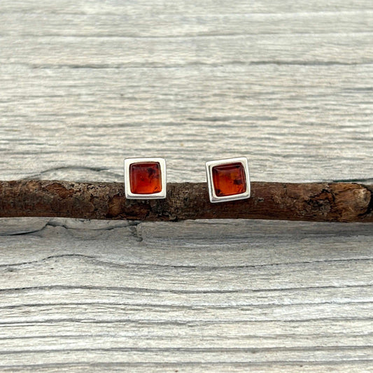 square Baltic amber stud earrings sterling silver cognac amber handmade Poland