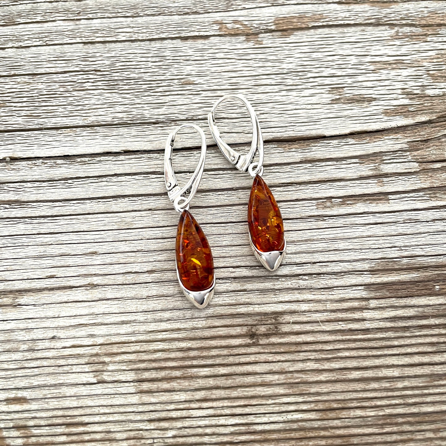 amber lever back earrings in silver