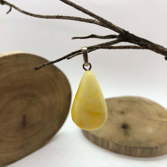 Drop White Baltic Amber Pendant set in Sterling Silver