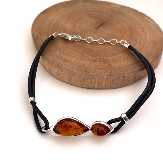 cognac amber and leather bracelet with sterling silver lobster claw