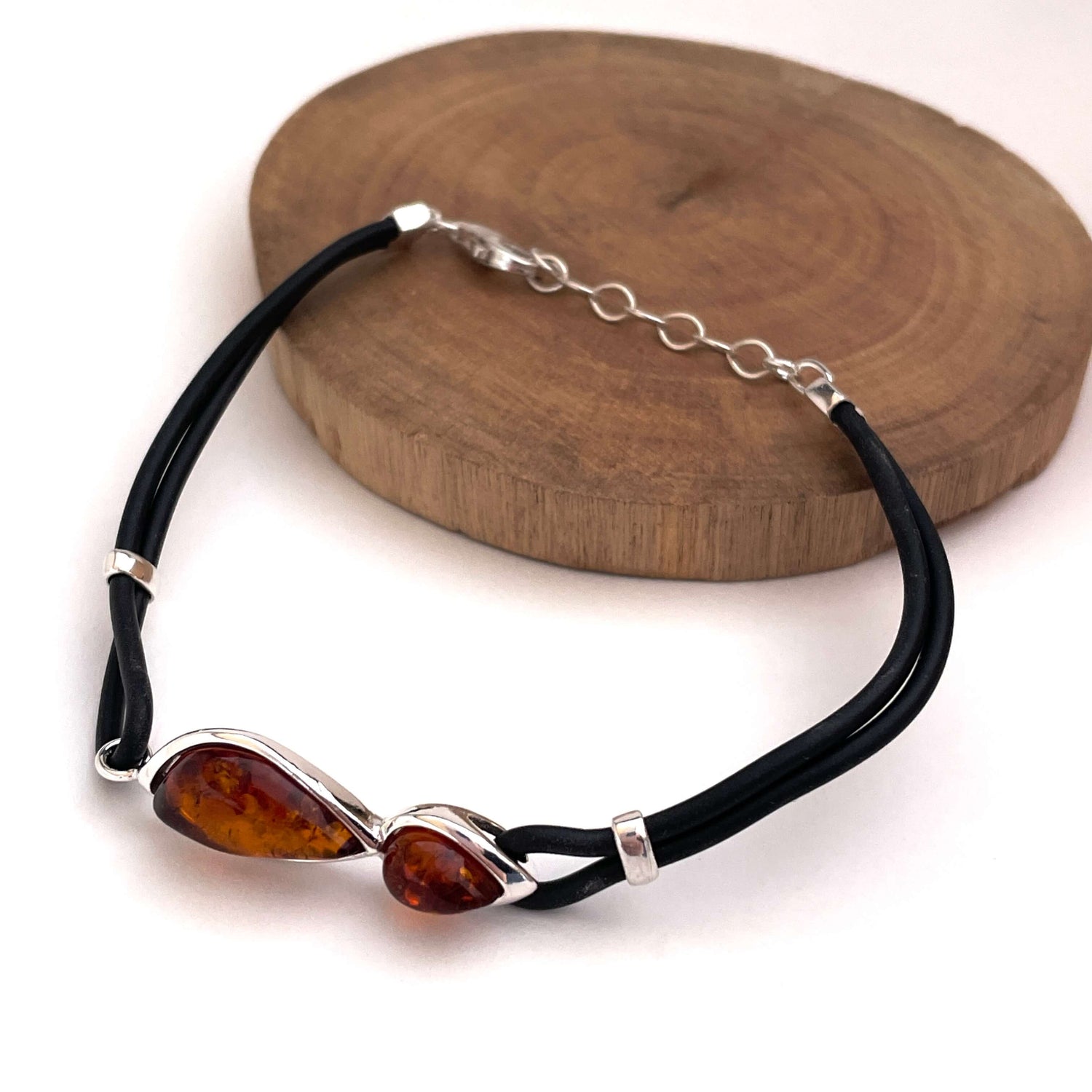 cognac amber and leather bracelet with sterling silver lobster claw