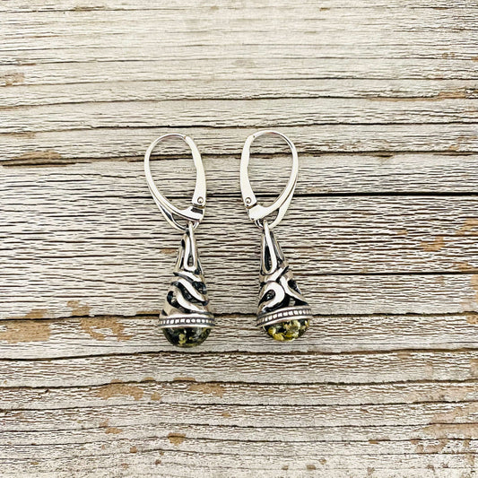 green amber and silver dangling earrings