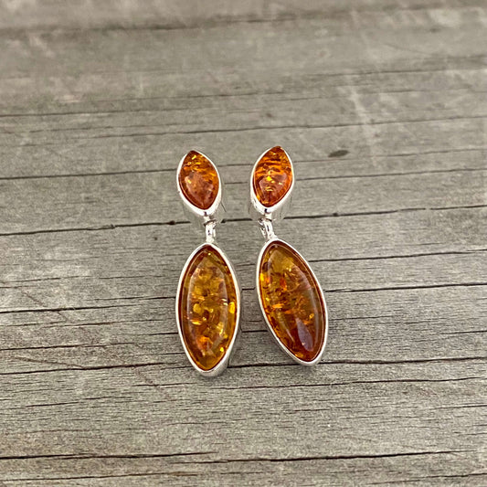 cognac coloured amber drop earrings front side