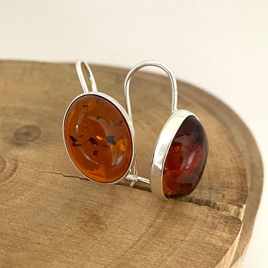 cognac amber oval shaped hook earrings