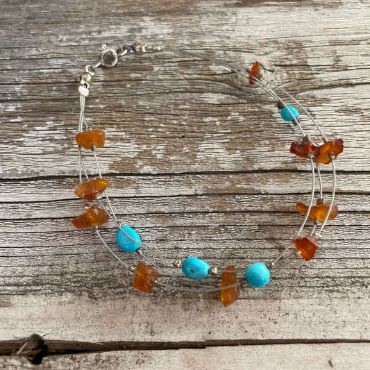 turquoise and amber wire bracelet