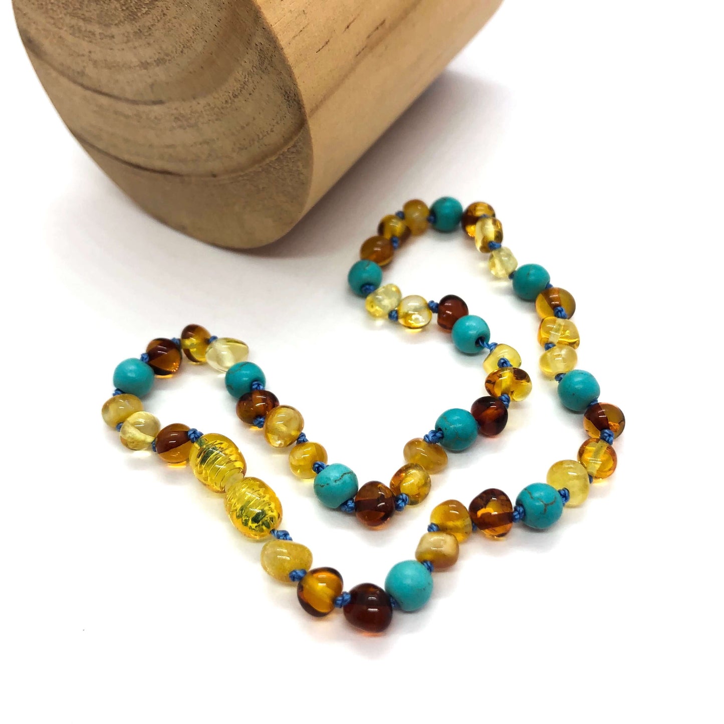 turquoise and cognac amber baby necklace