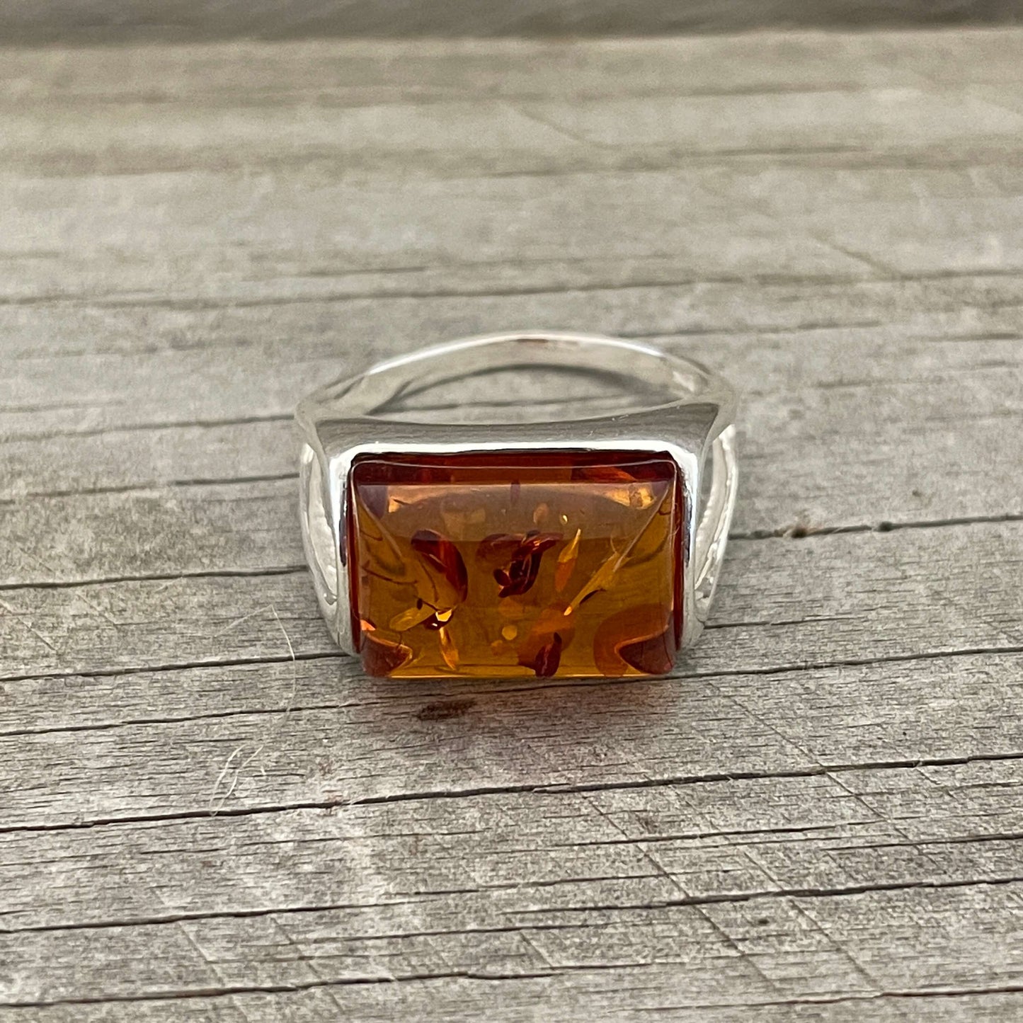 cognac amber rectangular shaped silver ring