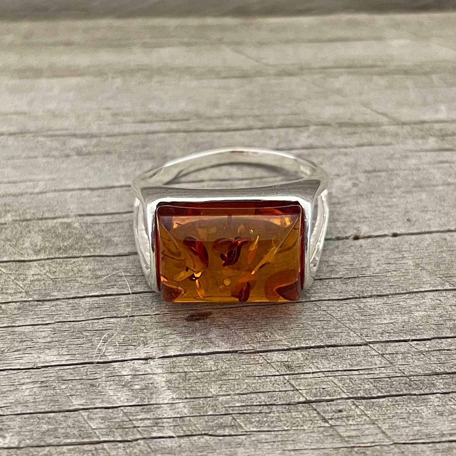 cognac amber rectangular shaped silver ring