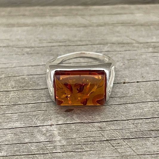 cognac amber rectangular shaped silver ring